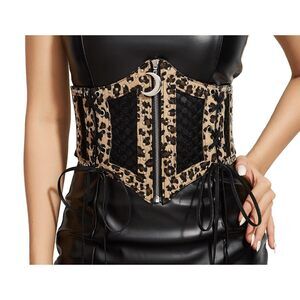 7438 Wide Corset Belt For Women Lace-up Leopard Elastic Waist Waspie